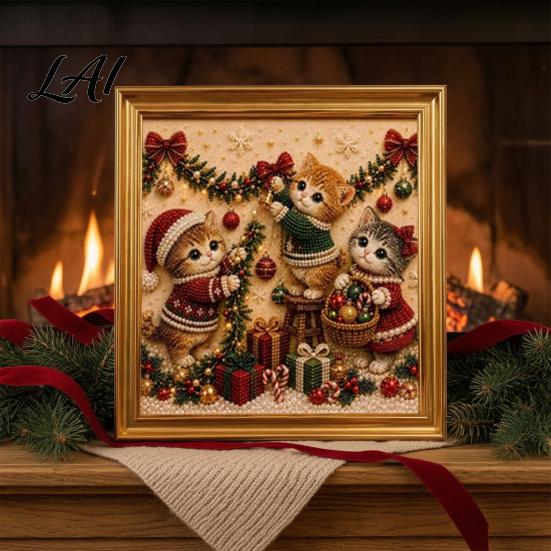 Relaxing Handmade Faux Pearl Sets Christmas Cat Art Kit with Frame Kitty Painting DIY Decorative Supplies Kit 3D Bead Wall Craft for Adults