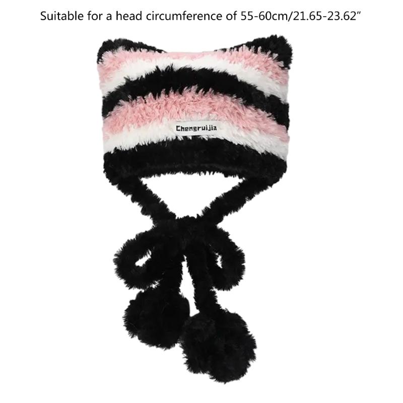 Halloween Cat Ear Hat Knit Y2K Beanie Hat Striped Party Holiday Winter Warm Hat Beanie Theme for Teens