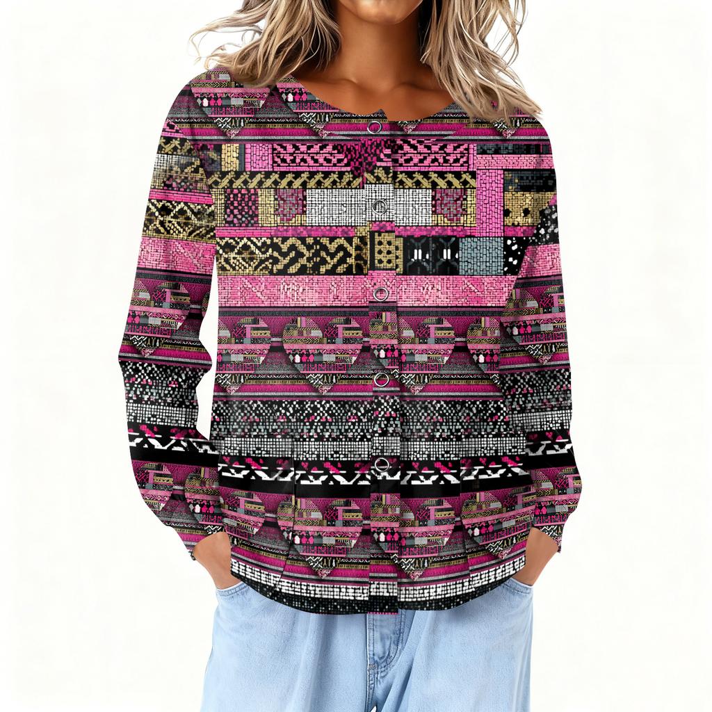 Women Long Sleeve Printed Pocket Working Stand Collar Single-breasted Protective Overalls Cardigan Jacket Top