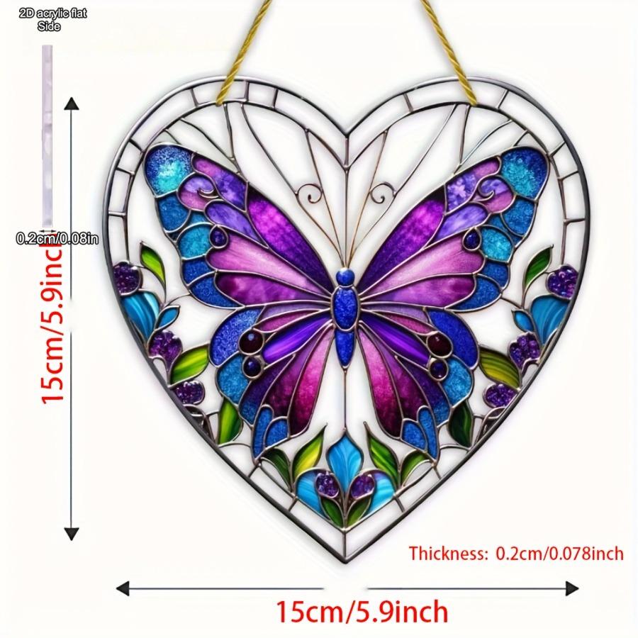 Purple Butterfly Heart-Shaped Painted Style Sunlight Catcher, Ideal Gift for Butterfly and Art Lovers, Valentine's Day Gift, Nurseries, Vintage Home D