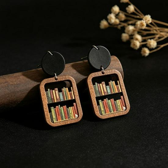 Graduation & Back-to-School Bookcase Wood Earrings - Teacher's Day Gift