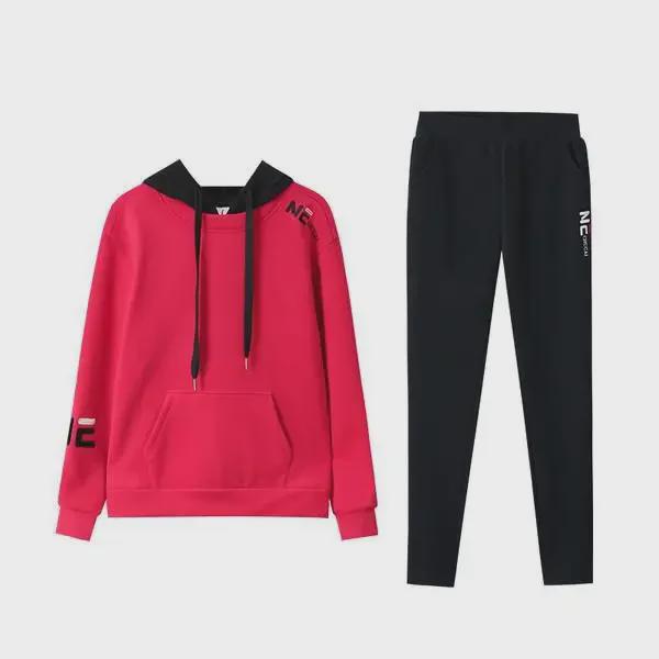 Damen Plüsch Kontrastfarbe Bestickter Sportanzug: Lockeres Pullover- und Hosen-Zweiteiler-Set für Herbst/Winter.