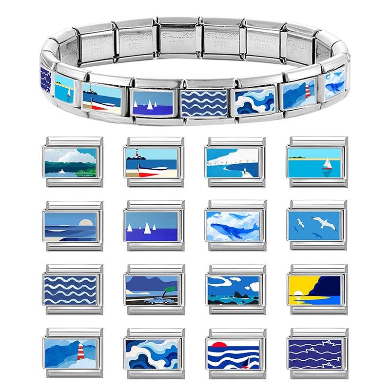 Fashion Blue Series Seaside Scenery Seawave Sailing Italian Charm Links Fit 9mm Stainless Steel Bracelet Jewelry DIY Making