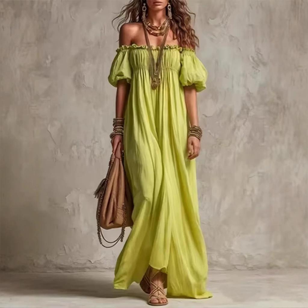 European and American New One-word Shoulder Sexy Cute Backless Lazy Bubble Sleeve Dress Loose and Elegant Long Dress Women