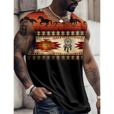 Sommer Rundhals 3D Color Blocking Ethnischer Stil Bedrucktes Oberteil Modisches Lässiges Ärmelloses Weste Herren T-Shirts
