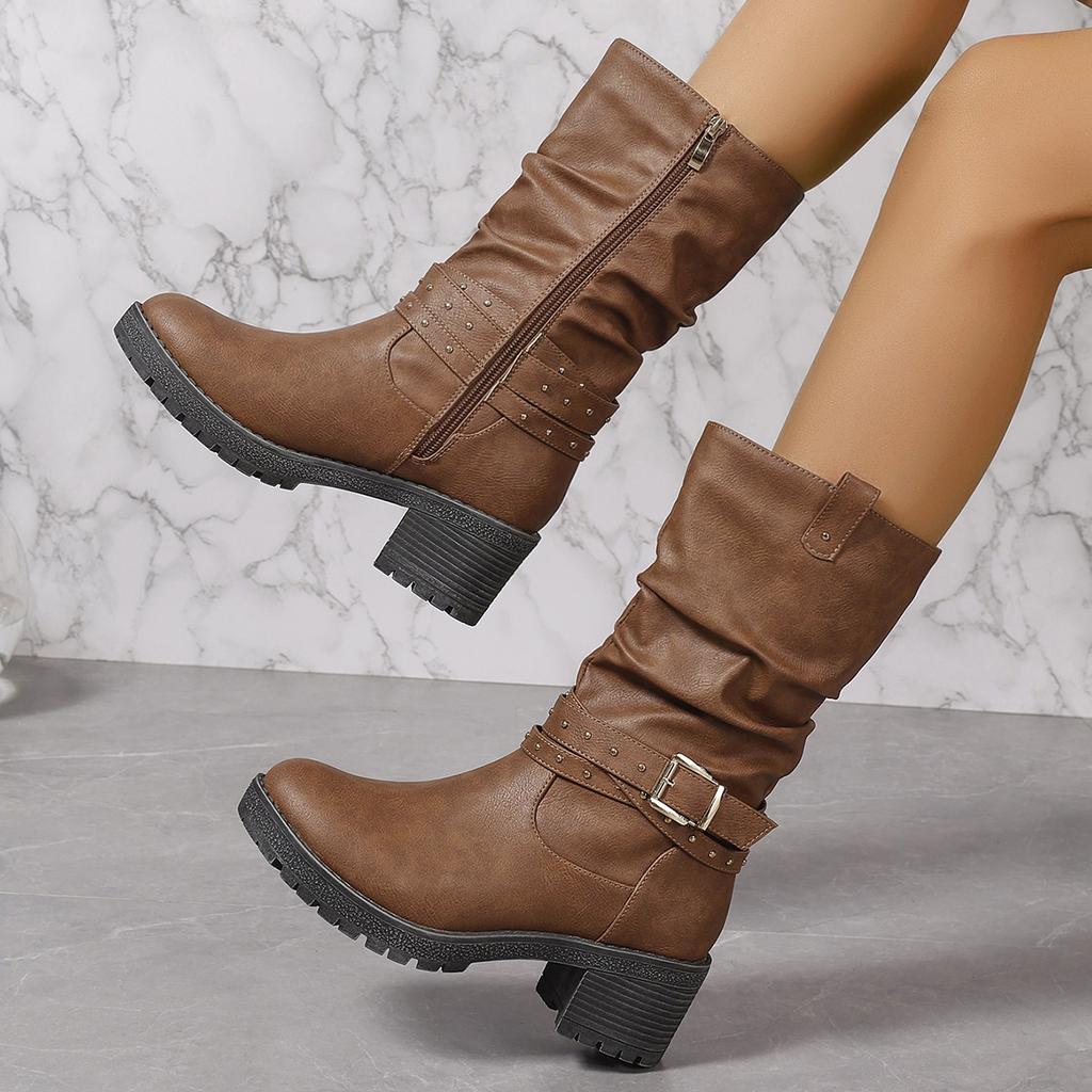 2025 New Autumn Women Short Boots Thick Sole Non-Slip Outdoor Travel Shoes for Women Belt Buckle Decorated Cowboy Boots Ladies