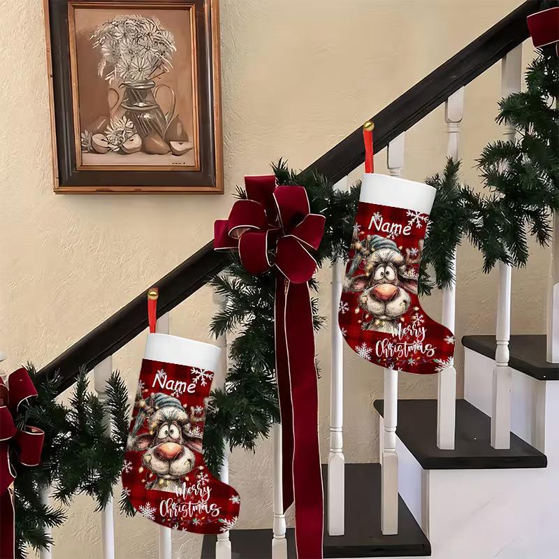 Santa Claus Snowflake Plaid Large Christmas Stocking with Hanging Rope