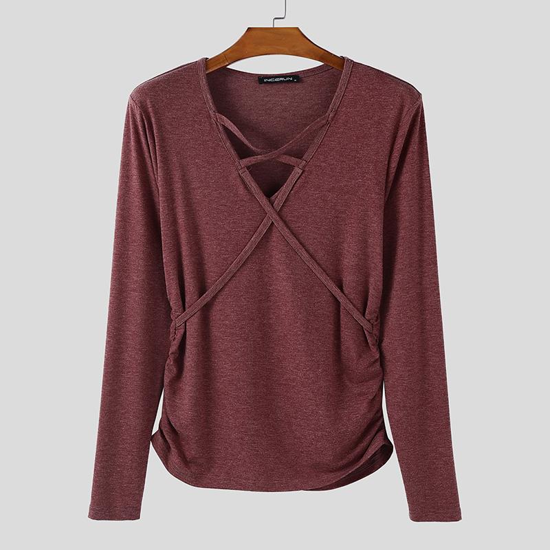 INCERUN Men Long Sleeve V Neck Bandage Fitted Casual Undershirts Tops T-shirts