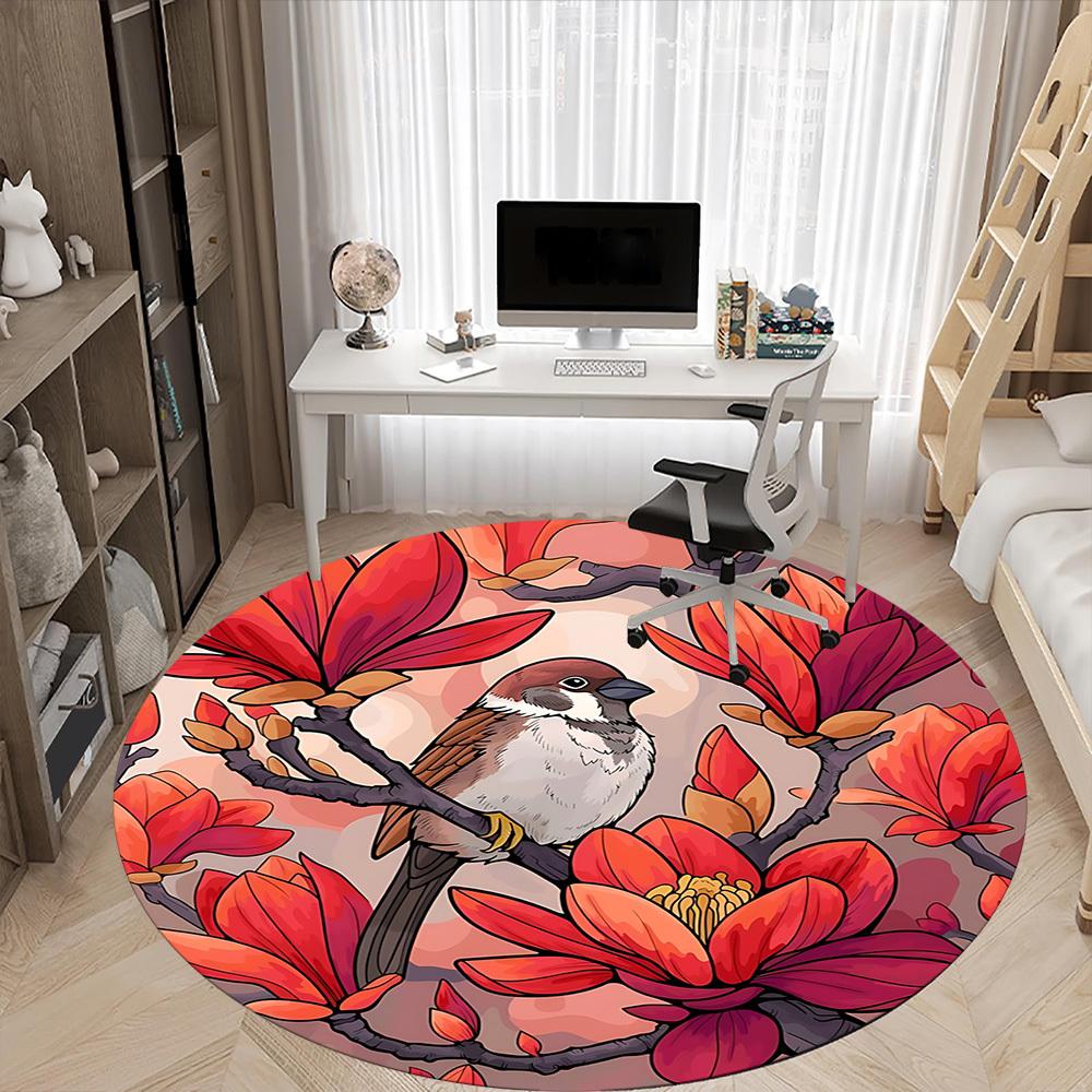 1pc Magnolia Bird Print Carpet for Office Non Slip, Round Carpet, Soft & Comfortable, Carpet for Office, Lightweight Round Floor Mat