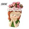 Flower Pot for Succulents Cute Girl Resin Planter, Head Planter with Rose Garland, Statue Decorative Plant Container Cactus Indoor Desk Decor