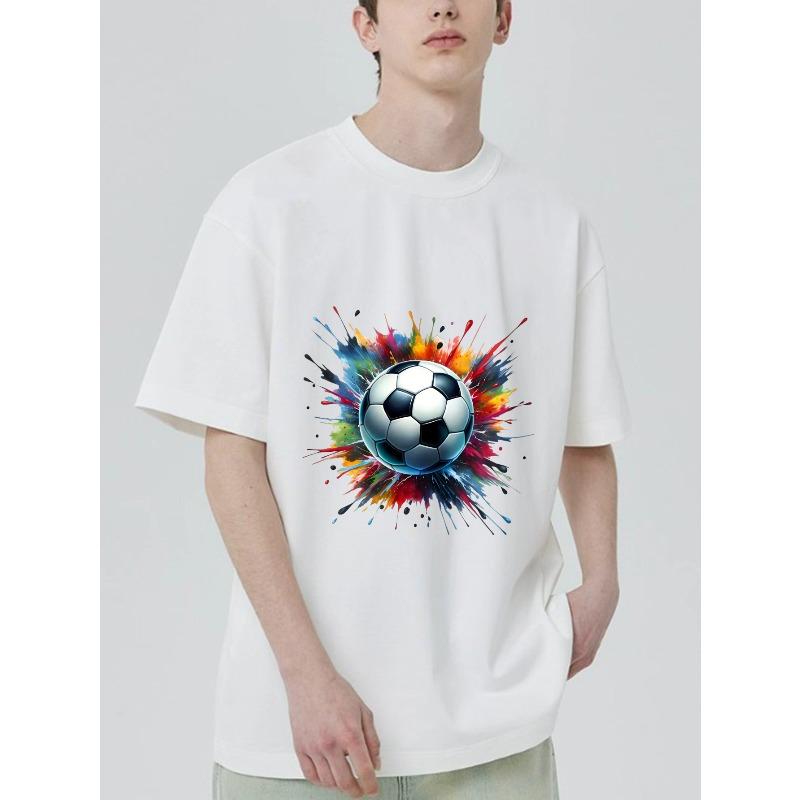 Black T Shirt with Soccer Ball and Colorful Splash Print for Sports and Casual Wear
