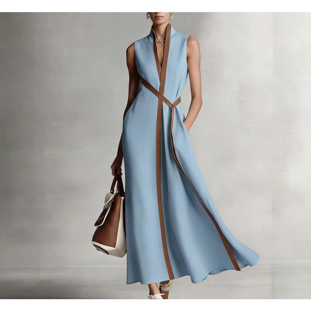 European and American summer stand-up collar sleeveless casual contrasting color loose dress