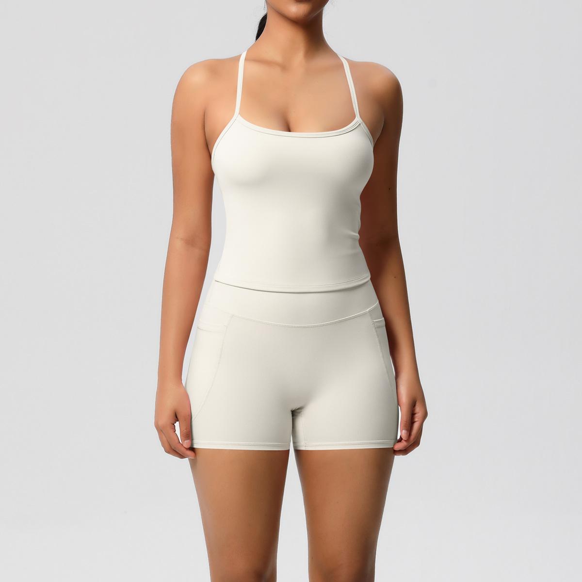 

Однотонные брюки для йоги в облачном стиле с карманами, спортивная фитнес-одежда, красивая спина, дышащий жилет, костюм для йоги, комплект из двух предметов S белый