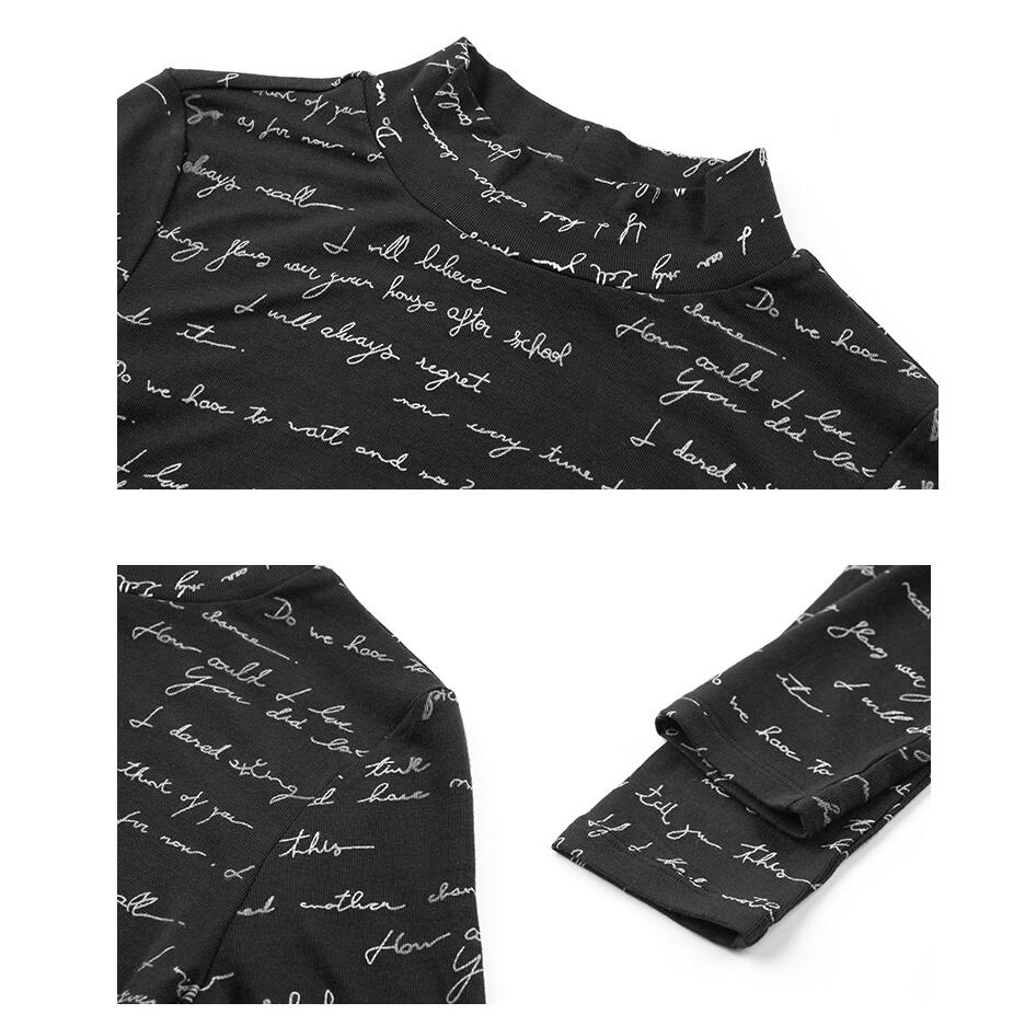 CANVAUS Women's Threaded Letters Long Sleeve Ladies Tops High Collar Slim Fashion Base shirt