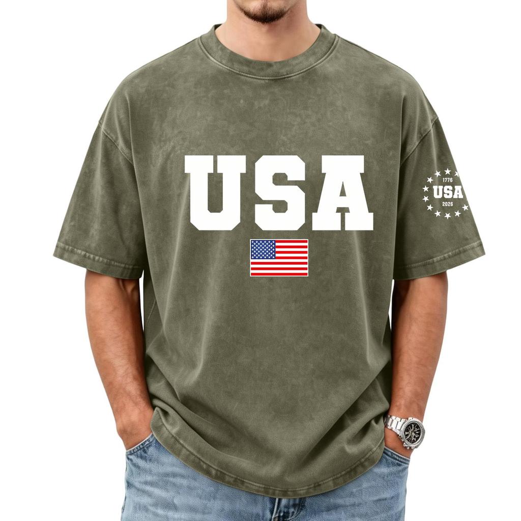 Men's Loose And Casual Flag-print T-shirt, Short Sleeve Shirt