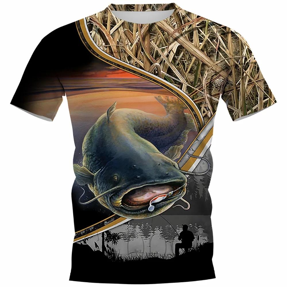 Summer Carp Fishing Print Men s T-shirt Outdoor Catfish Print Loose Short Sleeve Round Neck Plus Size Casual Street Top 2XS