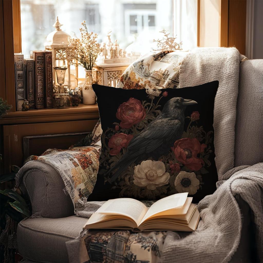 Gothic Floral Crow Pillowcase 18x18 Inch Dark Academia Art Print Bohemian Cushion Cover Cottagecore Decor Home Accent Gift