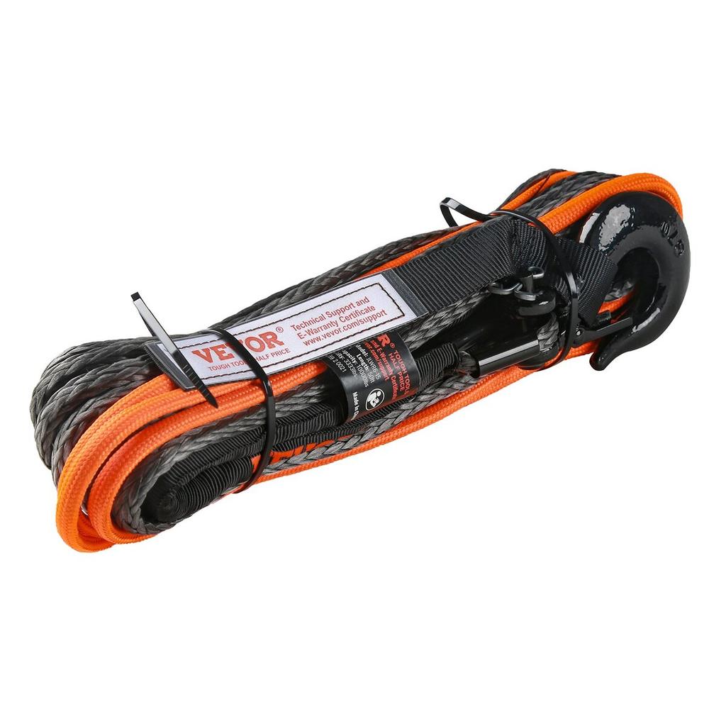 Synthetic Winch Rope, 1/4 Inch X 50 Feet 10,000 Lbs Synthetic Winch Line Cable Rope with Protective Sleeve + Stopper + Forged Winch Hook + Pull Strap,