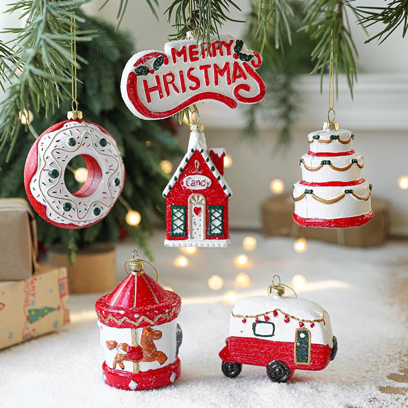 Red & White Painted Wooden House Christmas Ornaments: Car, Gift Cane, Donut, & Cloth Pendants