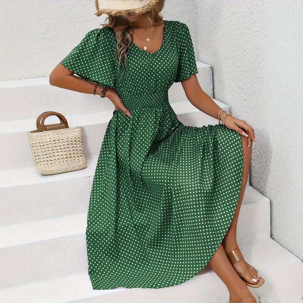 2026 European and American women's clothing spring and summer new express buy hot sale V-neck polka dot pullover casual dress