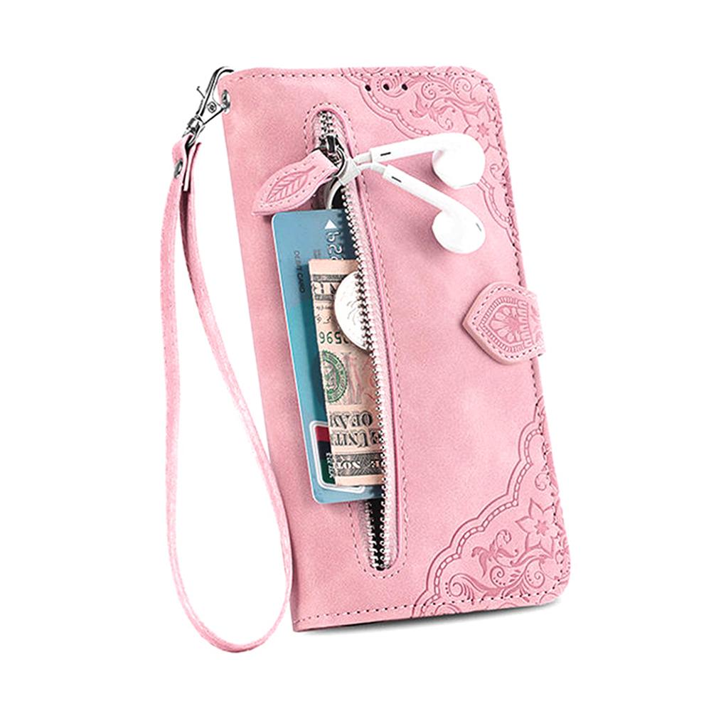 Für iPhone 16 Reißverschluss-Brieftasche Hülle mit Riemen Blumenprägung PU-Leder Handyhülle