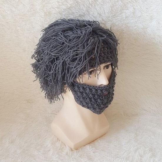 Kids Hat with Detachable Soft Yarn Straight Hair Wig Punk Style Mustache Warm Knitted Beard Cosplay