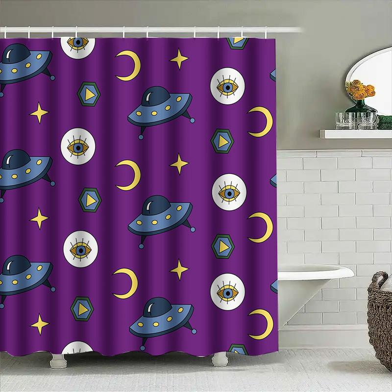 Ufo Shower Curtain Space Pattern Purple Bath Mat Decorative Waterproof Fabric Shower Curtains For Home Bathroom