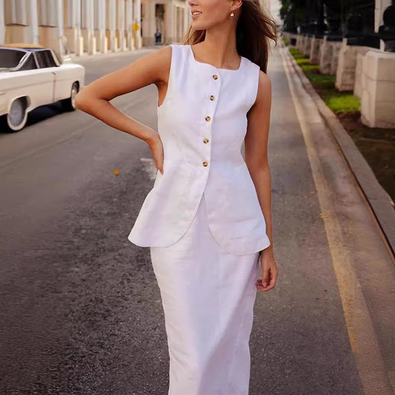 

Повседневные хлопковые длинные юбки, женские летние элегантные однобортные безрукавки с карманами, жилет с высокой талией, разрезные макси-юбки, костюмы из 2 предметов S белый