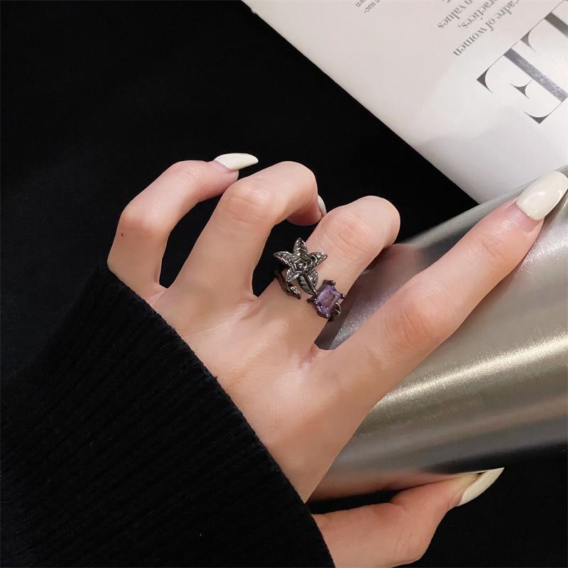 Dark Vintage Raven Purple Zircon Punk High Sense Open Ring Snake Ring Niche Design Index Finger Ring