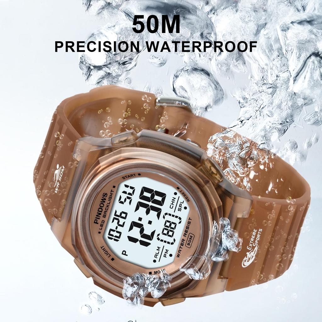 PINDOWS Digital Sports 50m Water LED Backlight Wristwatch with and Perfect for Everyday Use Indoors and Outdoors Women's Watch, Resistant, Alarm,