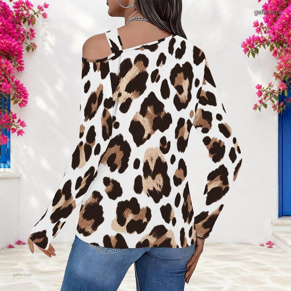 Women Plus Size Asymmetric Cutout Neck Cold Shoulder Long Sleeve Printed Fitted Blouse