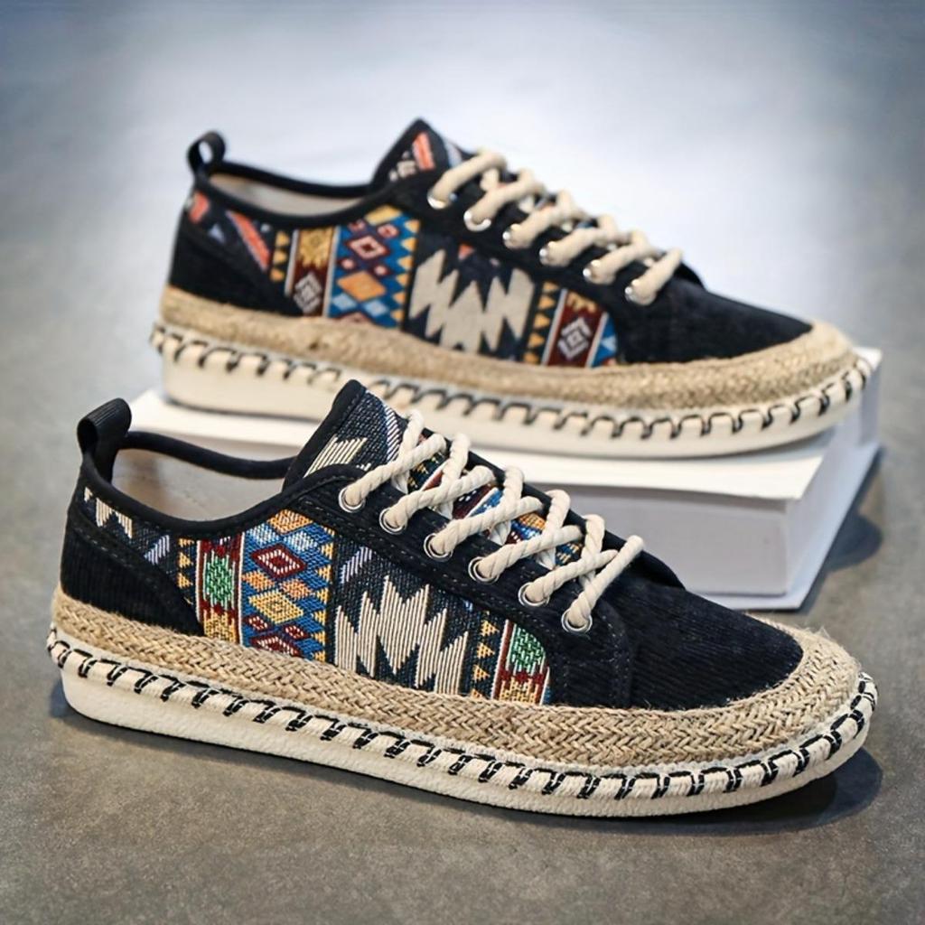 Men's Boho Hemp Sole Shoes - Breathable Casual Vintage Style, Seasonal Wear Embroidered Designs