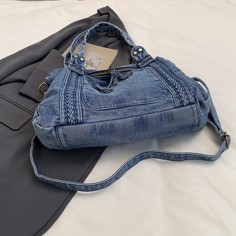 Vintage Denim Handbag with Braided Details Large Capacity Shoulder Crossbody Bag for Women