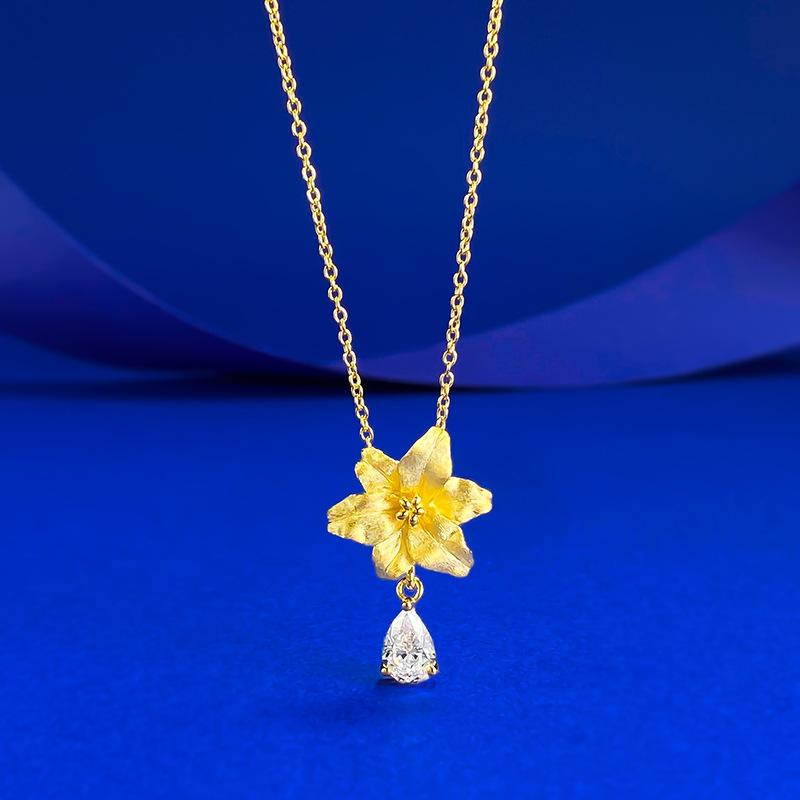 New S925 Silver Pendant Female 5 * 7 Water Drop Gold Lily Flower Brushed Necklace Elegant Wedding Jewelry