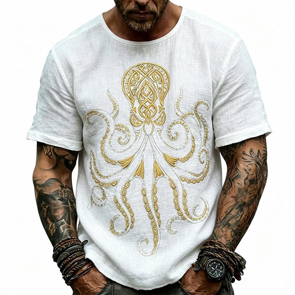 Men's Linen Short Sleeve T Shirt with Print Crew Neck Casual Loose Fit Lightweight Summer Top for Everyday Wear