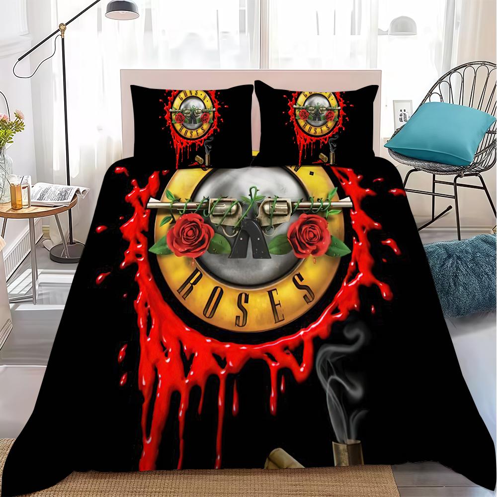 Комплект постельного белья с пододеяльником Rock Band G-Guns N R-Roses Домашний стиль Постельное белье Мягкий Стирка Хлопок Кровать Комплект из 3 предметов Подарок для студенческого общежития 135x200cm
