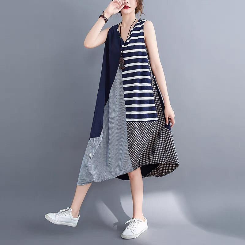 Women's Art Style Splicing Halter Vest Dress In The Long Irregular Swing Dress