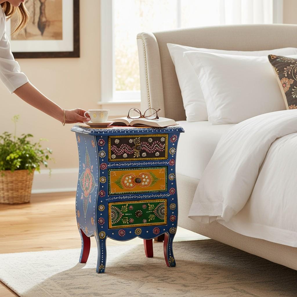 Handicraft Bedside Table, Painted Wooden Storage Sideboard, Bedroom Decors Lamp-Table, Home Living Drawer-Cupboard-Desk Dressers Home Decor