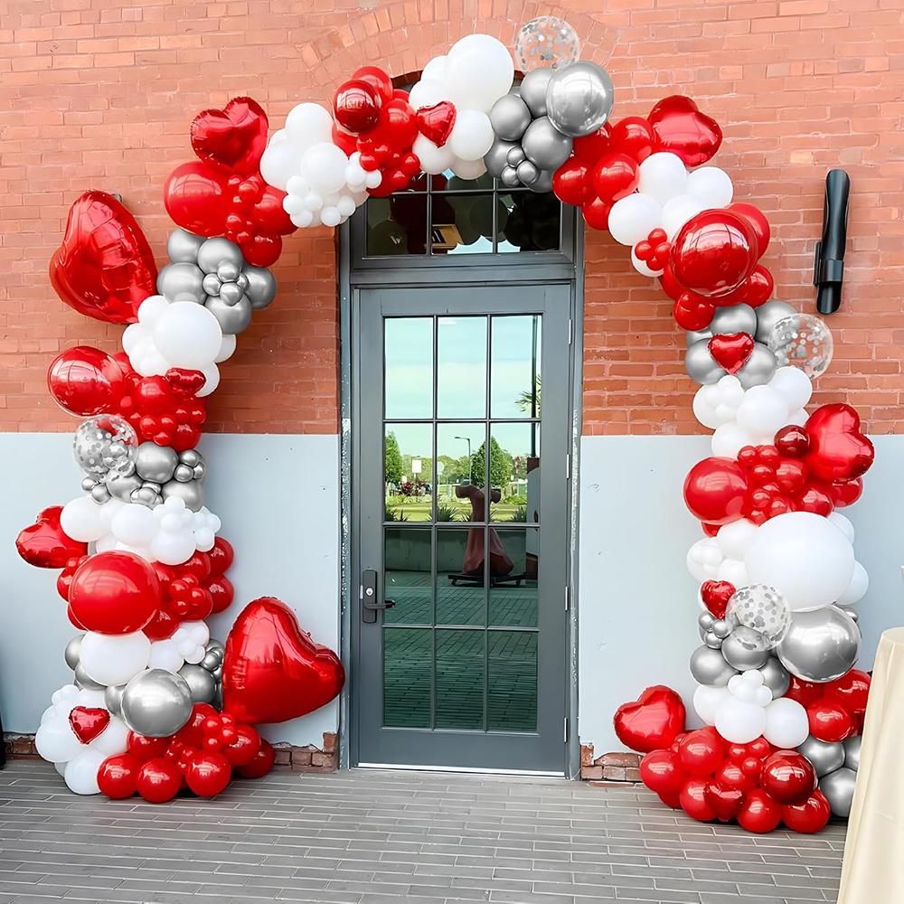 Guirnalda de Globos Rojos Blancos Arco de Globos con Confeti Metálico Plateado Kit Decoración para Boda Aniversario Despedida de Soltera Fiesta de Cumpleaños