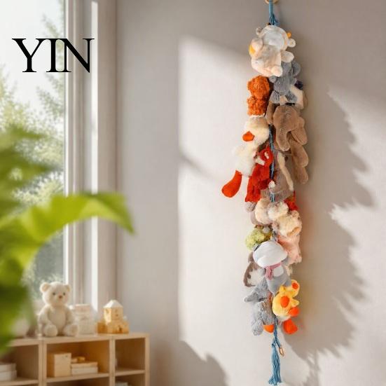 Mini Figure Storage Rack Stuffed Doll Cotton Hanging Chain, Wall Mounted Organizer with Hand Woven Toy Strap Metal Clips, Boho Display for Kids