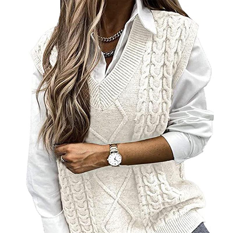 

Жіночий теплий модний трикотажний жилет з V-подібним вирізом Argyle для відпочинку осінь-зима Однотонний светр без рукавів Вільна універсальна в’язана майка S білий