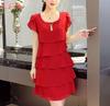 Kleid Damen Sommer Wellenschnitt Rüsche Süß Einfarbig Kurzarm Schlanke Kleider Dame Lässig All-Match Vestido Rundhalsausschnitt Chiffon