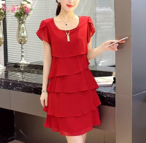 Kleid Damen Sommer Wellenschnitt Rüsche Süß Einfarbig Kurzarm Schlanke Kleider Dame Lässig All-Match Vestido Rundhalsausschnitt Chiffon