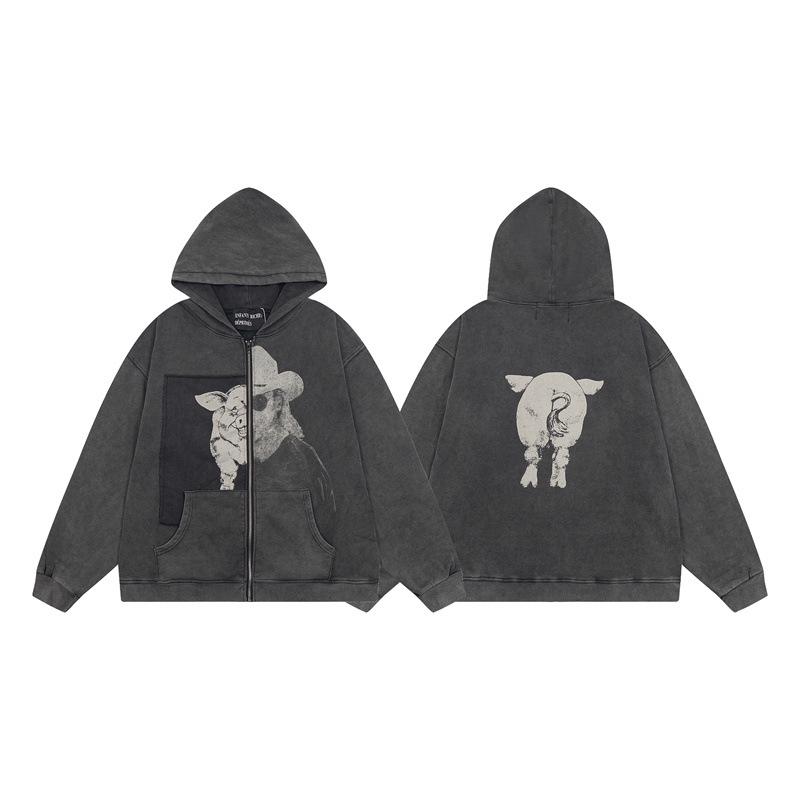 ERD Melancholy Rich Hoodie: European-American Streetwear, Loose Fit, Zipper, Short Sleeve