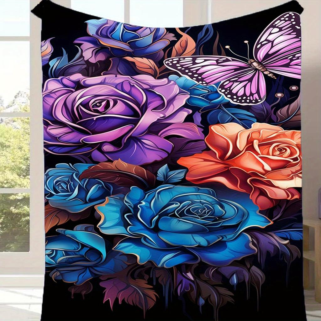 1pc Rose Print Blanket, Flannel Blanket, Soft Warm Throw Blanket Nap Blanket For Couch Sofa Office Bed Camping Travel