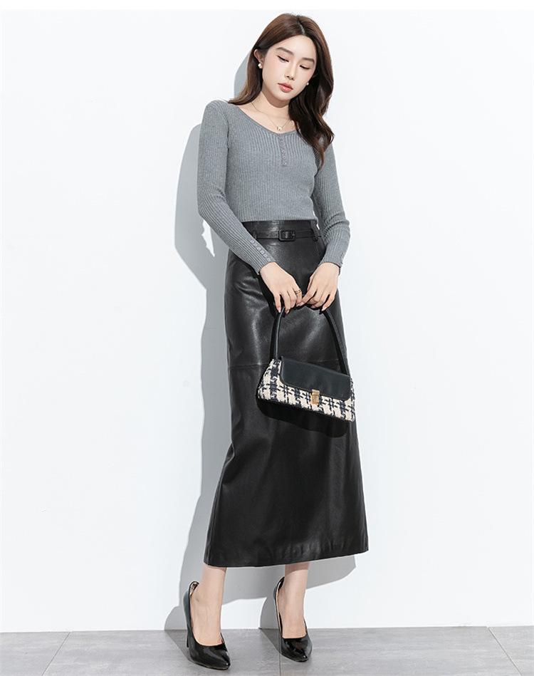 2025 Autumn/Winter Women's High-Waisted Lambskin Leather Midi Skirt - Elegant and Versatile Design