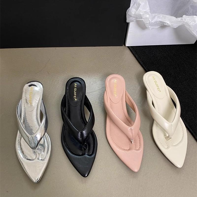 2025 New Summer Pink Pointed Toe Mid Heel Cool Slippers Slope Heel Flip Flops Wear Pinch Sandals