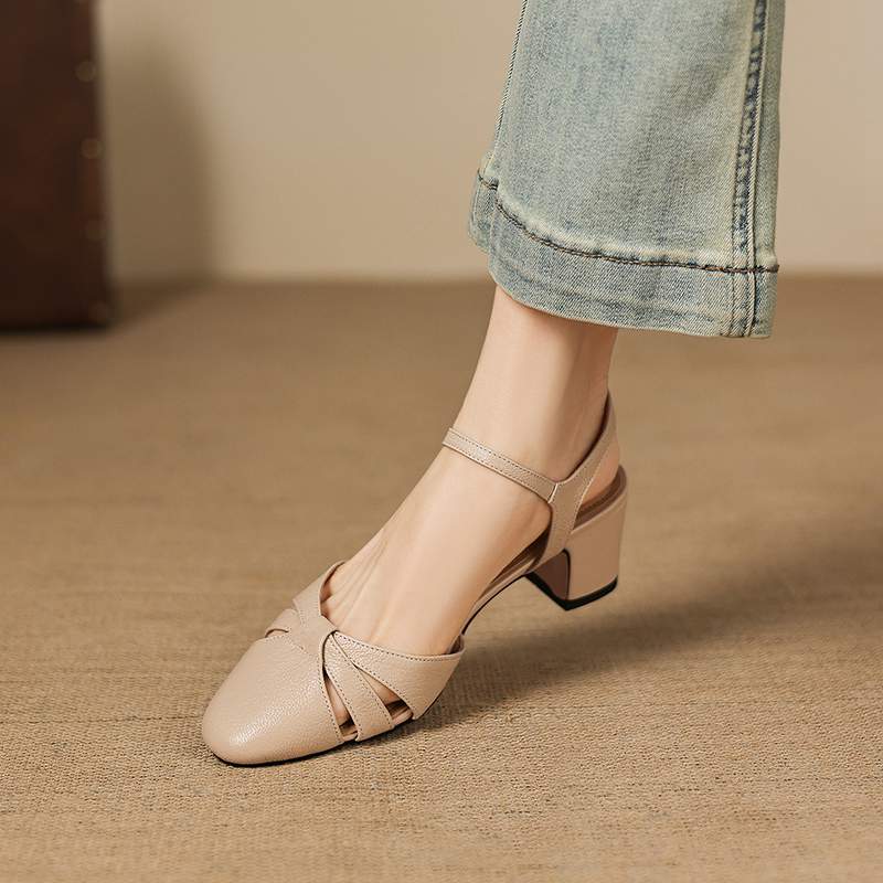 Krazing Pot Sheep Skin Med Heels European Design Summer Size 40 Round Toe Circle Buckle Straps Women Pumps