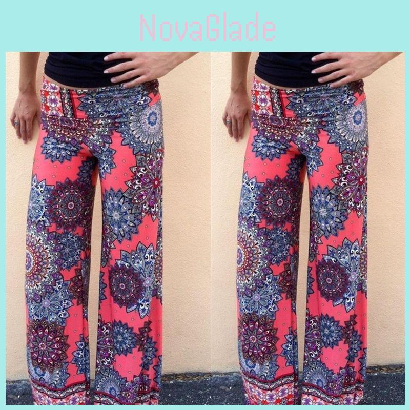 Women Bohemia Long Pants Floral Print Straight Casual Loose Trousers With Micro Fiber Material
