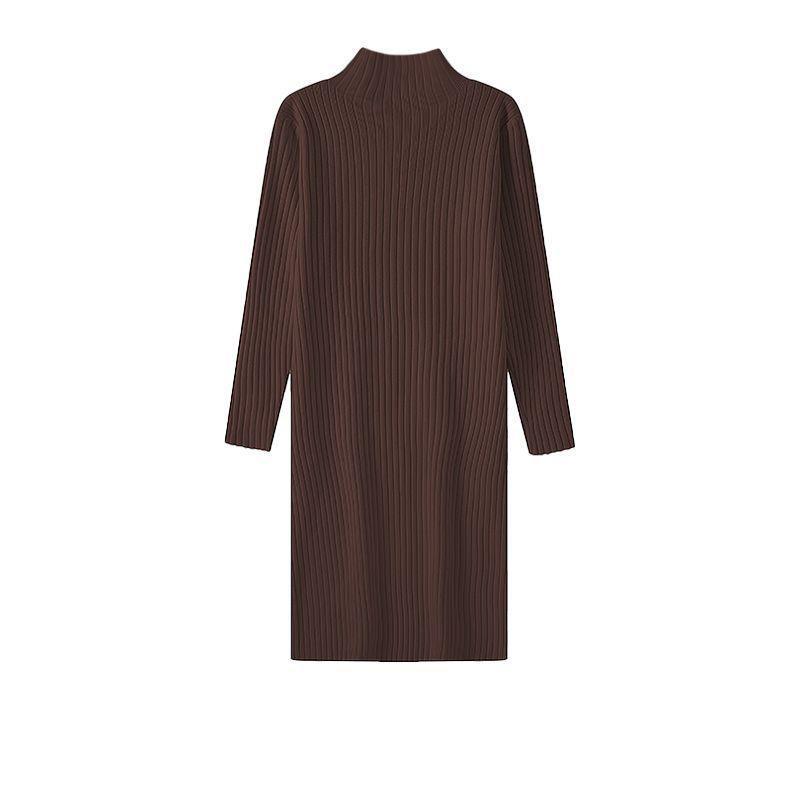 Women's Autumn & Winter Wool Knit Dress - Half-High Collar, Loose Long Sleeve, Mid-Length Base Layer Over the Knee.